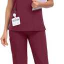 Scrubs for Women Sets, Stretch V-Neck Scrub Top & Cargo Pants with Multi Pockets, Anti-Wrinkle (XX-Large, Wine Red)