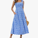 Zattcas Womens 2025 Summer Spaghetti Strap Floral Maxi Dress with Pockets Smocked Flowy Long Beach Vacation Sundresses, Size L
