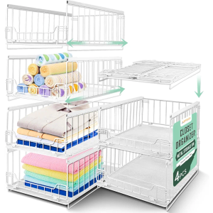 ADFOLEX Closet Organizer Storage Drawers for Clothes, Stackable Metal Storage Bins, Sliding Closet Organizers and Storage Shelves, Closet Wardrobe for Folded Clothes Jeans Pants (White-4PCS)