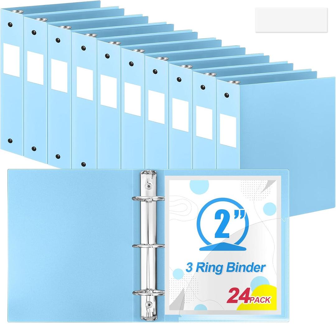 Henoyso 24 Pcs 2 Inch 3 Ring Plastic Binder 8.5'' x 11'' Letter Size Paper Soft Plastic Flexible Binders Bulk Organizer for School Office Supplies, Large 490 Sheet Capacity (Light Blue)