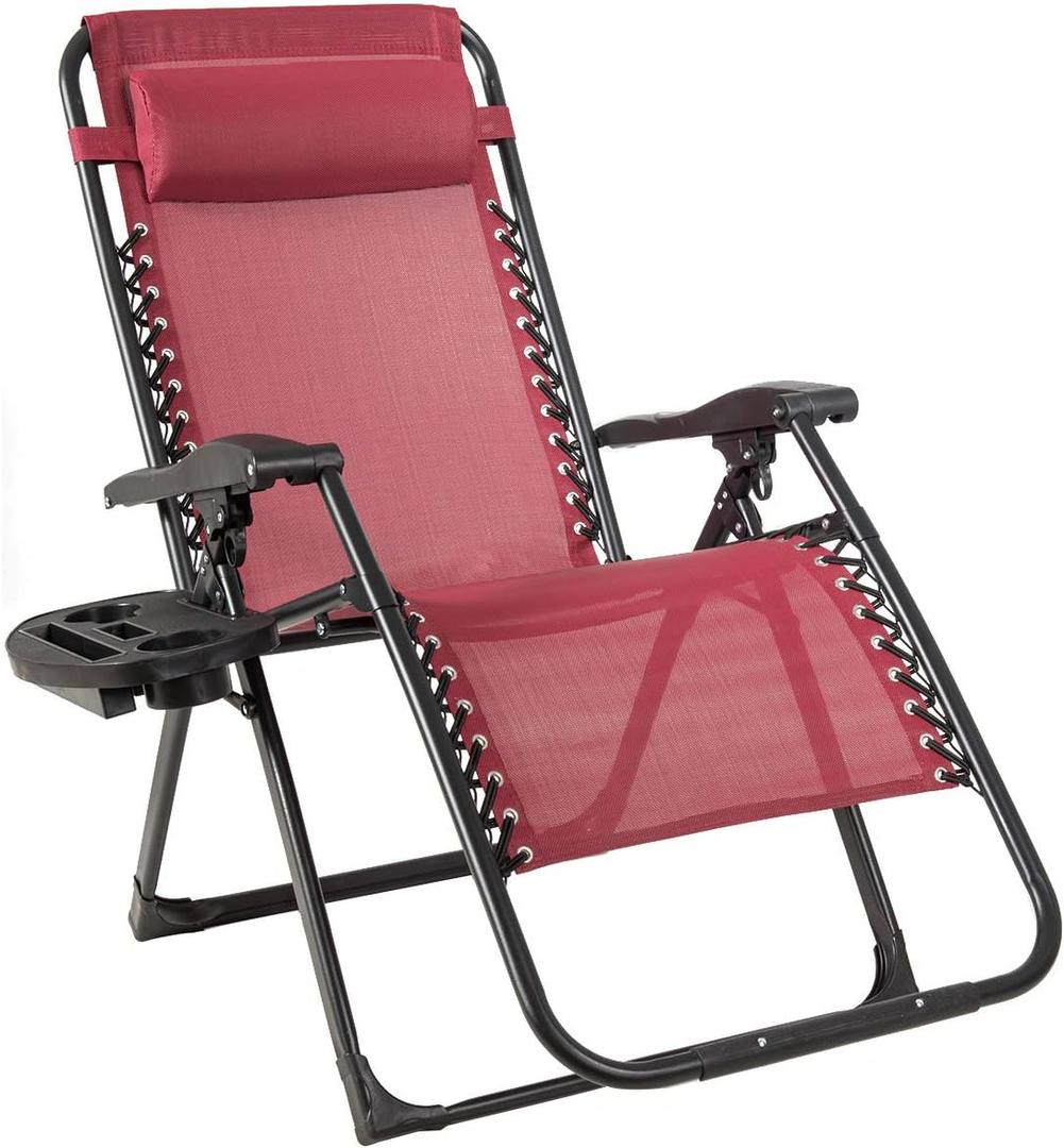 Goplus Oversized Zero Gravity Chair, XL-Extended Version, Outdoor Recliner w/Cup Holder & Detachable Headrest, Foldable Mesh Lounge Chairs for Patio Pool Porch & Deck, 500LBS (Wine)