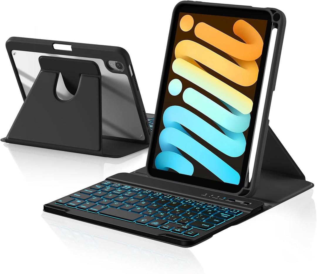 Harvopu for iPad mini 7 A17 Pro/6 Generation Keyboard Case 2024/2021 8.3 Inch,360 Rotating Clear Back Cover with 7 Color Backlit Detachable Keyboard, Pencil Holder for iPad mini 7th/6th Gen,Black