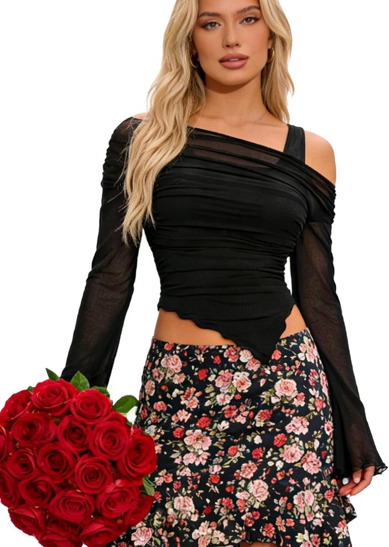 OYOANGLE Women's Long Sleeve Shirt Mesh Crop Top Asymmetrical Hem Crop Blouse Y2K Going Out Top Club Party (Black)