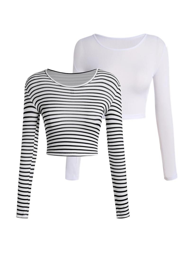 RoseSeek Girl's Long Sleeve T Shirt Slim Fit Crewneck Fall Basic Tees Ribbed Knit Crop Top for Girls Striped Multicolor 11Y