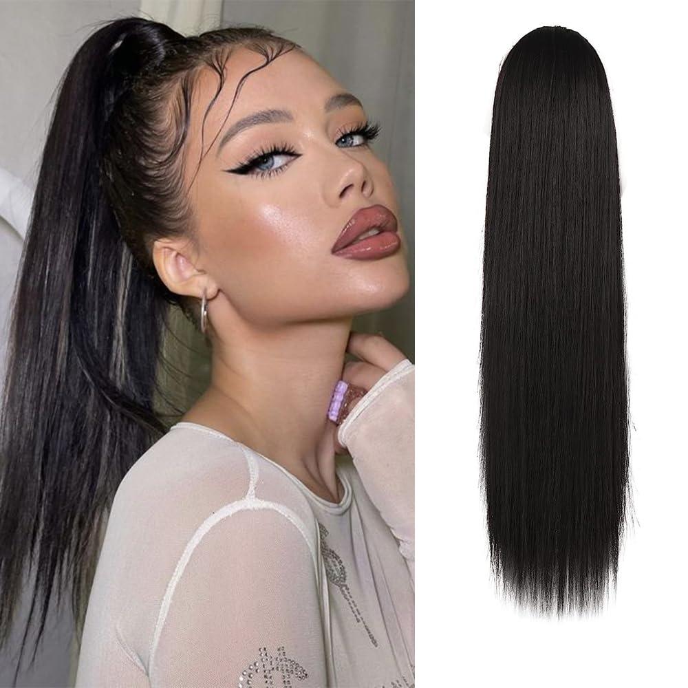 BARSDAR Dark Brown Ponytail Extension - 16 Inch Short Straight Drawstring Ponytail Extensions for Women, Synthetic Drawstring Clip in Pony Tails Hairpieces Fake Straight Ponytails - Darkest Brown