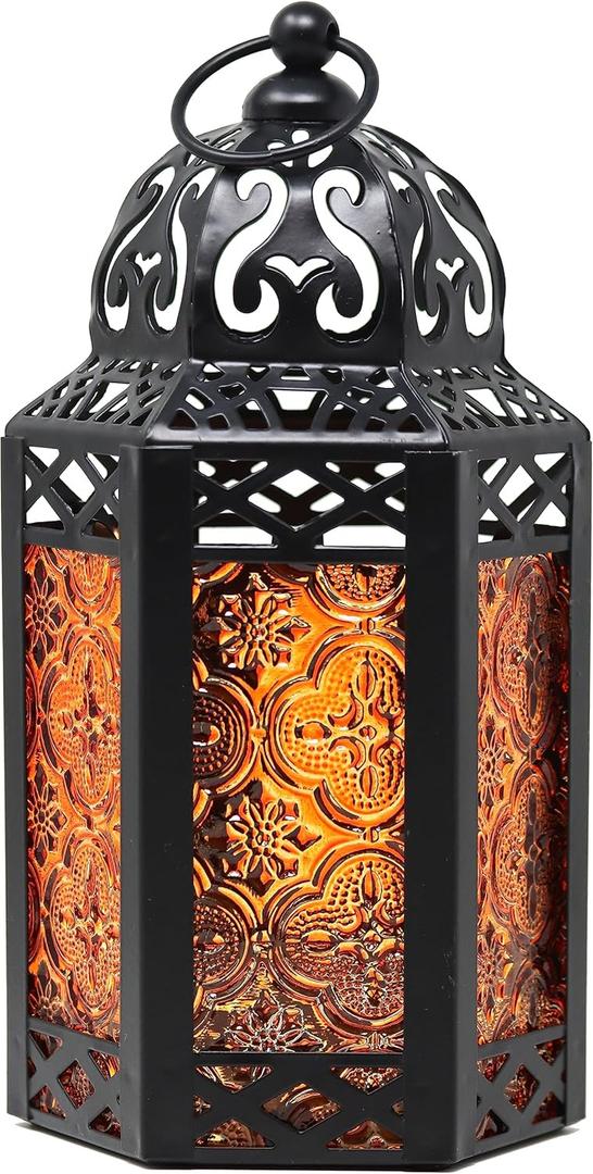 VELA LANTERNS 8.5" Small Black Metal Decorative Moroccan Lantern Candle Holder Lamp for Halloween - Indoor/Outdoor, Home Decor, Patio, Weddings, Ramadan Decor, Amber