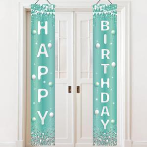 Teal Sliver Happy Birthday Door Banner Turquoise Rhinestone Birthday Decorations Light Blue Sweet 16 Happy 15th 30th 50th Poster Decorations for Girls Boys Women Party Supplies