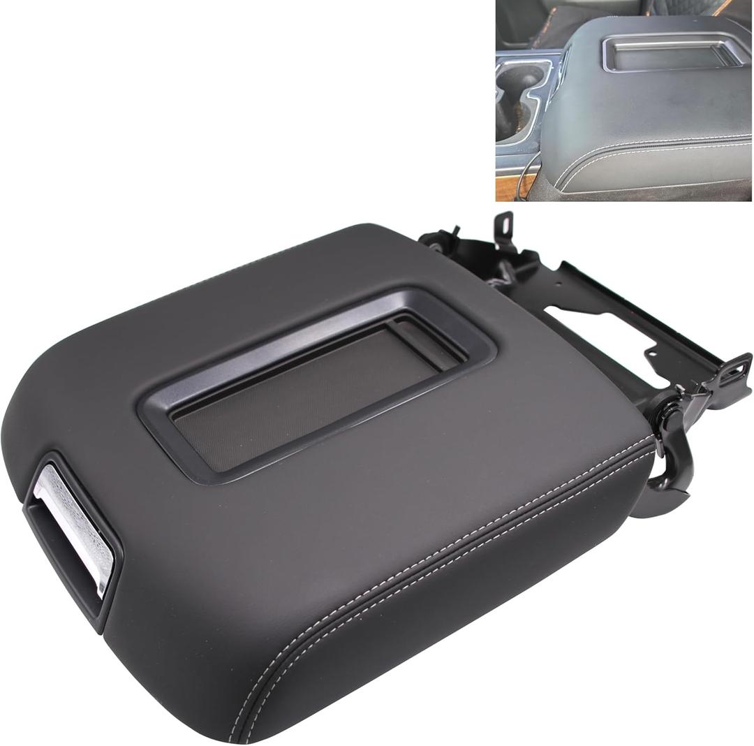 Center Console Armrest Lid-Compatible with 2014-2018 Chevy Silverado & GMC Sierra 1500 2500 3500, 2015-2019 Tahoe Yukon Suburban- Replaces 0227083AA 22861304 Black Artificial Leather-W/Steel Bracket