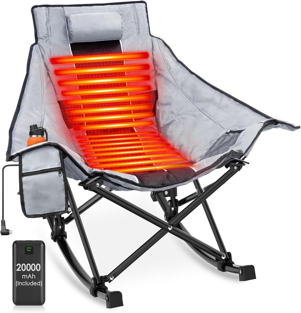 Suteck Heated Rocking Camping Chair - Oversized Heated Camping Chair W/20000mAh Power Bank & Carry Bag, Fully Padded Heated Chairs for Outdoor Sports W/3 Heat Levels for Back & Seat, Lawn Picnic Patio