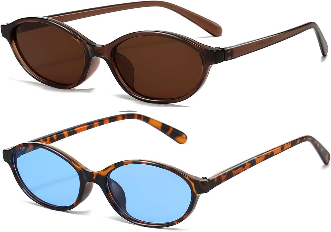 Retro Oval Sunglasses for Women Small Oval 90s Sunnies Trendy Narrow Cat Eye Vintage Shades 2 Pack