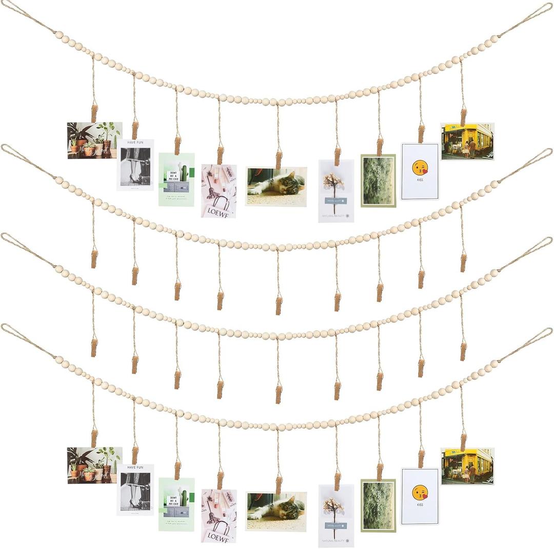 Wall Hanging Photo Display with Wooden Beads Garland 4 Feet Boho Collage Picture Frame DIY Picture Photo Frame Set with 9 Wood Clips for Rustic Country Home, Office Nursery Room Decoration(4 Pieces)