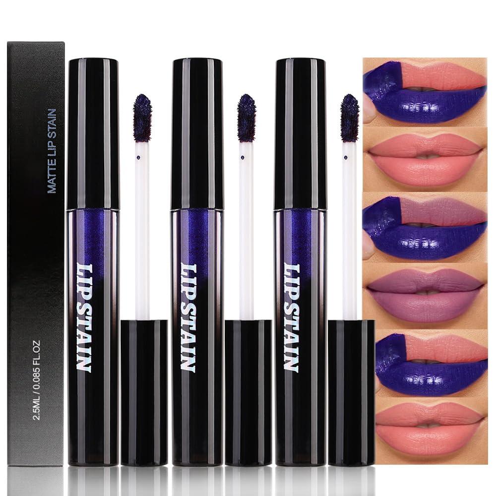 evpct 3Pcs Plum Purple Coral Vivid Red Lip Stain Peel Off, Matte Finish Transfer Proof Lips Liner Stain Peel off Lip Tint Gloss, Long Lasting Waterproof Lipstick Highly Pigmented 24 Hours Original