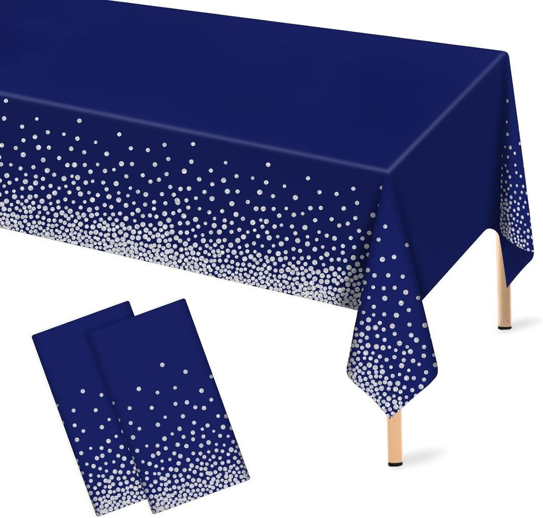 Mulbozy 2 Pcs Navy Blue Plastic Tablecloth Silver Dot Blue Table Cloths, 54108 inches Disposable DarkBlue Table Cover for Anniversary Friendsgiving Fine Dining Graduation Party Decoration