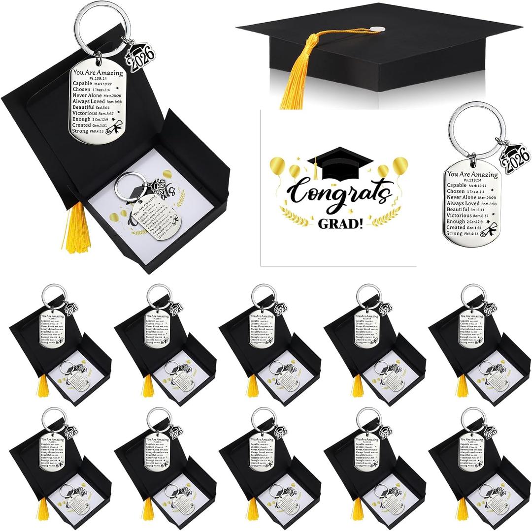 Quelay 24 Sets Graduation Keychain Gift for Teens Inspirational Keychain Graduation Christian Keyring with Doctoral Hat Gift Box for Boys Girls Class of 2026 Grad