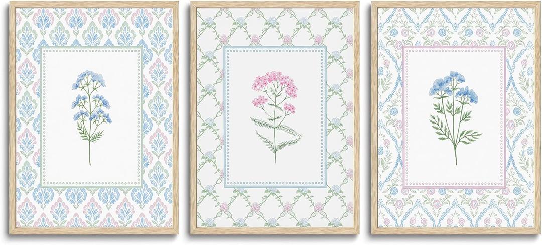 CHMMART 3 Piece Pastel Wildflower Framed Wall Art Nursery Floral Canvas Art Prints Pink Blue Botanical Pictures Wall Decor Boho Flower Painting Artwork for Bedroom Bathroom 12x16in