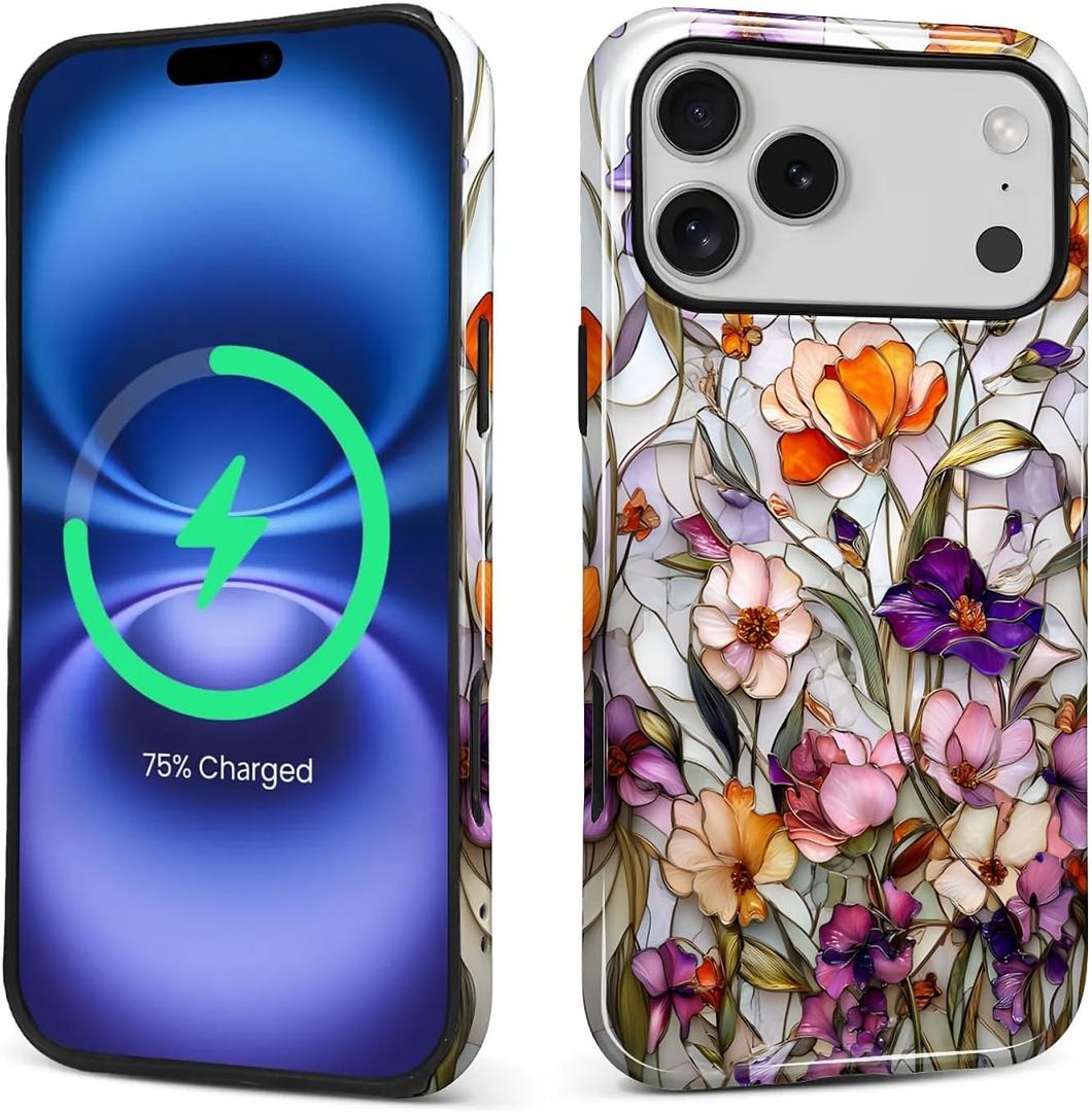 Magnetic Case for iPhone 17 Pro Max,Wildflower Mosaic Botanical Floral Compatible with MagSafe Hybrid Dual Protection Silicone + Hard PC Shockproof Anti-Scratch Protective Case for Men Women