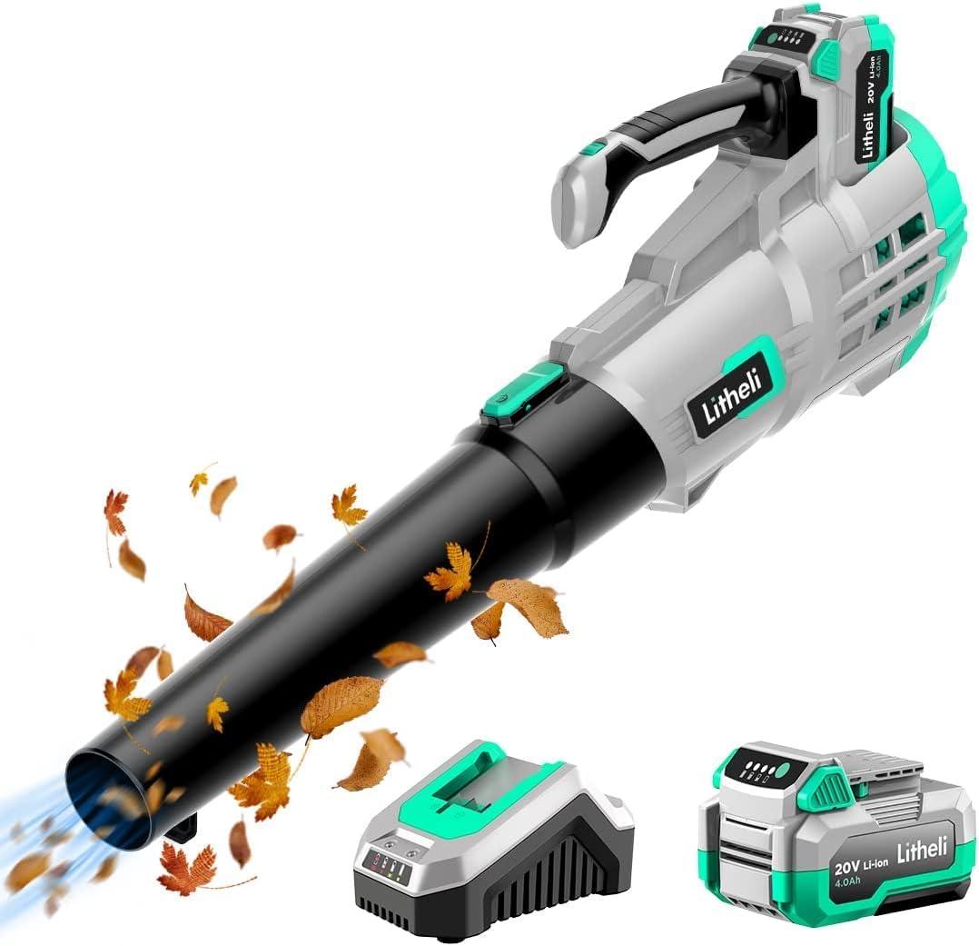 Litheli 20V Cordless Leaf Blower 350 CFM 85 MPH, Variable Speeds Electric Leaf Blower Battery Powered for Blowing Leaves, Dust, Snow, 4.0Ah Battery & Fast Charger Included