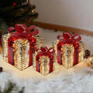 Christmas Decorations, 3-Piece Set, Box Ornaments with Bows, Illuminates Christmas Tree Skirts. Suitable for Indoor, Courtyard, and Outdoor Lawn Decorations. (Gold)