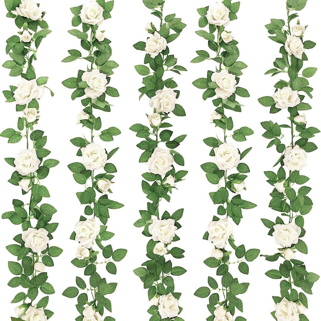 ZIFTY 5Pcs 32.5FT Artificial Rose Vine Fake Flower Garland White Fake Silk Floral Hanging for Wedding Arch, Garden Tea Party Backdrop Room Decor and Home Decoration Outdoor Wall Decor