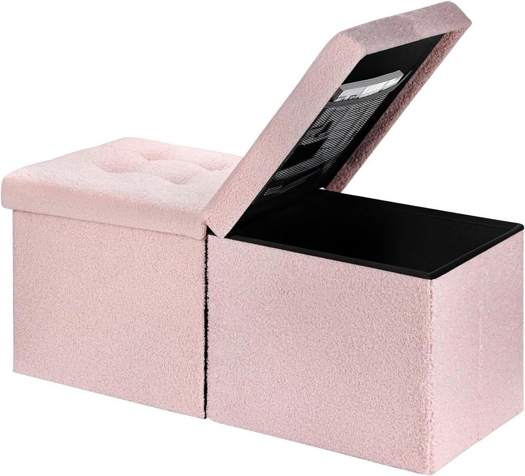 AmasSmile Footrest Ottoman Bench with Storage,34Inch Pink Teddy Velvet Footstool, Coffee Table, Padded Seat, Storage Chest,Blanket Store with Flipping Lid for Livingroom and Bedroom