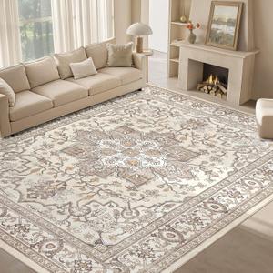 ESEOE Washable 8x10 Area Rugs: Soft Large Vintage Low Pile Carpet Neutral Farmhouse Non-Slip Stain Resistant Indoor Rug for Living Room Bedroom Dining Room Dorm Office Home Decor(Beige Brown,8'x10')