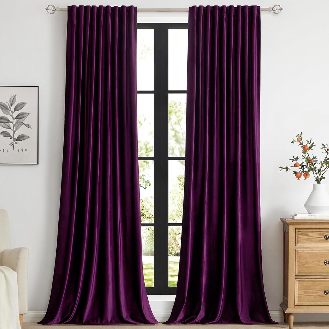 PRIMROSE Purple Velvet Curtains 84 inch Long for Living Room, Set of 2 Panels Blackout Rod Pocket Back Tab Window Treatment Room Darkening Heavy Decorative Curtains Drapes for Bedroom