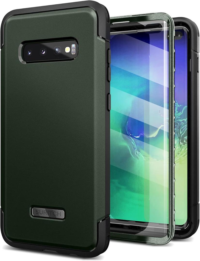 SURITCH for Samsung Galaxy S10 Plus Case, [Built-in Screen Protector] 360 Full Protection Military Grade Shockproof Rugged Bumper Thick Protective Phone Cover for Samsung S10 Plus 6.4 Inch - Green