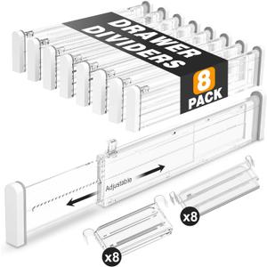 HiYZ Expandable Drawer Dividers with Inserts - 2.36'' High Adjustable Drawer Organizers Separators for Kitchen, Bedroom, Dresser, Office, 8 Long Dividers(12.6-22.8'') with 16 Inserts(3.9-7.1'')-Clear (8*Long Dividers + 16*Inserts)