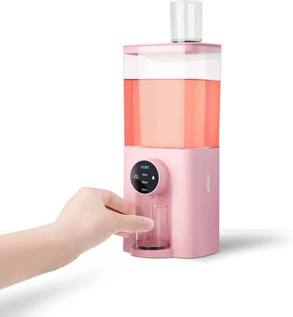 J.C&T Automatic Mouthwash Dispenser for Bathroom,22 FlOz Dispensers with Magnetic Cups,Toothbrush Holders Wall Mounted Adjustable Dispensing Levels,Suitable for All Age Groups, Pink