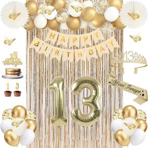 13th Birthday Decorations for Girls, Gold 13 Birthday Girl Decorations, Official Teenager 13 Sash and Crown, Banner, Fringe Curtains, Hanging Paper Fans, 13 Year Old Party Supplies Set