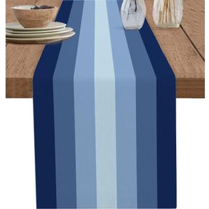 Gradient Navy Blue Stripes Table Runner,Cotton Linen Table Runners 70 Inches Long,Geometric Stripe Lines Dresser Scarf Tablerunner for Kitchen Coffee/Dining/Sofa/End Tables TV Stand (Abstract)