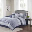 Madison Park Luxury Comforter Set-Traditional Jacquard Design All Season Down Alternative Bedding, Matching Bedskirt, Decorative Pillows, King(104"x92"), Bennett, Geometric Navy 7 Piece