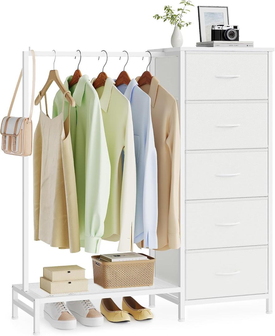 SONGMICS Dresser with Hanging Rod, 5 Fabric Drawers, Bottom Shelf, 11.8"D x 37.9"W x 46.3"H