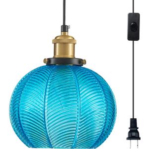 Blue Glass Plug-in Pendant Light, Farmhouse Hanging Lights with in Cord Globe Glass Hanging Lamp with a Switch Wire for Dining Room Bedroom Kitchen Island E26