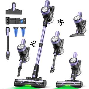 Cordless Vacuum Cleaner, 46KPa/500W Stick Vacuum with 55 Mins Runtime, Self-Standing Vacuum Cleaner for Home, LED Display, Anti-Tangle Brush, Rechargeable Vacuum for Hardwood Floor, Pet Hair, Carpet (Violet)