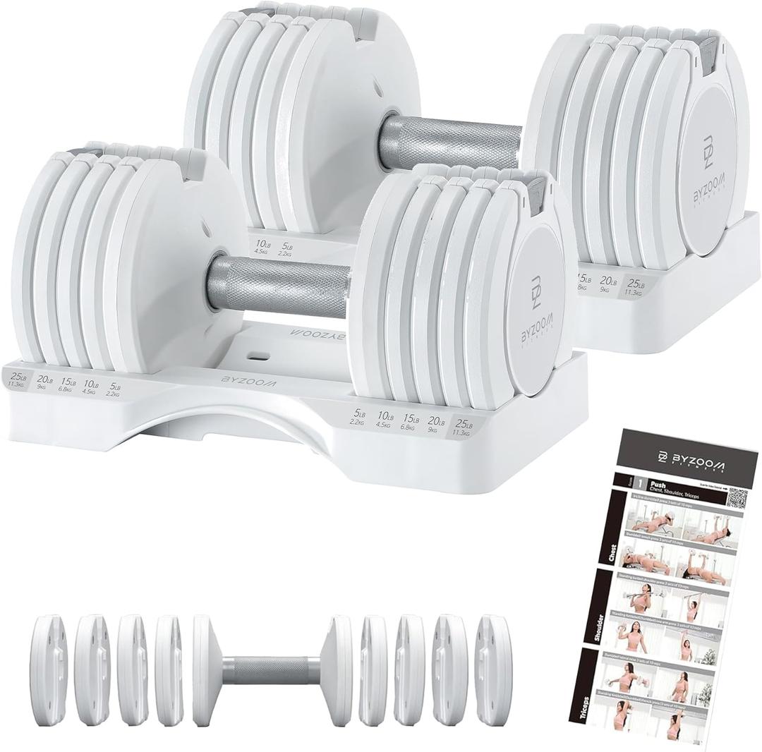 BYZOOM FITNESS Adjustable Dumbbell  12.5/25lb Single Unit OR Set of 2  5-in-1 Adjustable Weight for Home Gym, Strength Training & Fitness Workouts, White OR Black