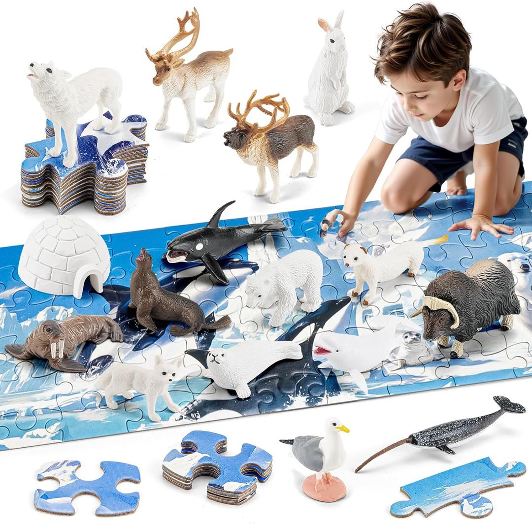 Arctic Animals Figurines Toys - 16PCS Winter Polar Animals Figures & 108 PCS Large Arctic Jigsaw Puzzles Toys for Preschool Kids Toddlers Ideal Gift for Boys and Girls