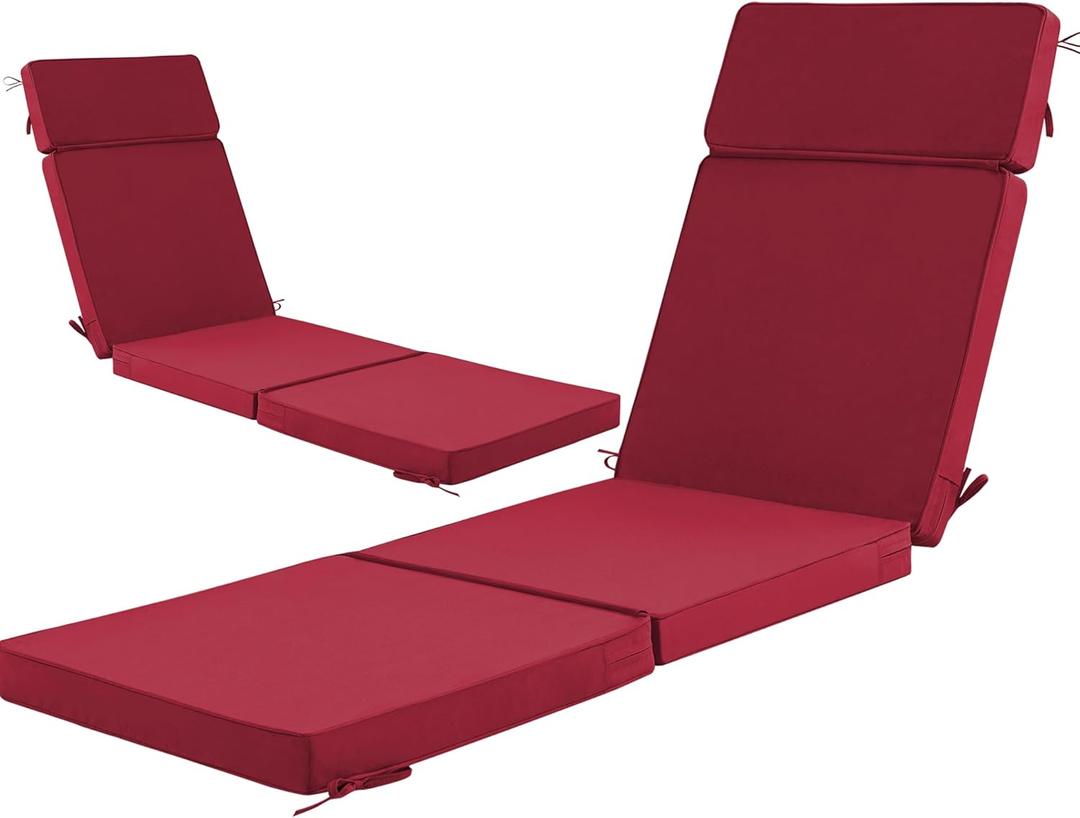 72 x 21 Inch Outdoor Chaise Lounge Cushions Set of 2 - Removable Cover, 4-Section Design, Water-Repellent & Fade-Resistant, 6 Tie Straps, Replacement for Patio & Pool Chairs - Burgundy
