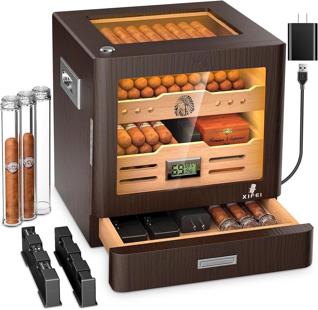 XIFEI Cigar Humidor Cabinet, Glass Top & Adjustable LED Lighting, Digital Hygrometer, 2 Humidifiers, Cigar Tube, Desktop Cedar Wood Humidor with Accessory Drawer for 80-100 Cigars, Ideal Men's Gift