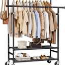 HYSEYY Clothes Rack,Double Rods Rolling Clothing Rack for Hanging Clothes,Portable Garment Rack with 2-Tier Storage Shelves,Free Standing Wardrobe Closet Coat Rack on wheels for Bedroom,Laundry Room