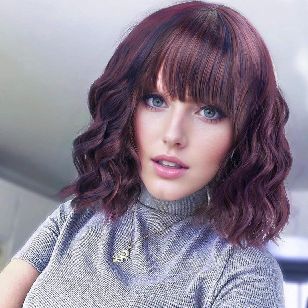 VCKOVCKO 12Inches Loose Wave Bob Wig Wavy Burgandy Wig with Air Bang Curly Hair Wigs Synthetic Cosplay Party Wigs for Women (12Inches,Burg Mix Blue)