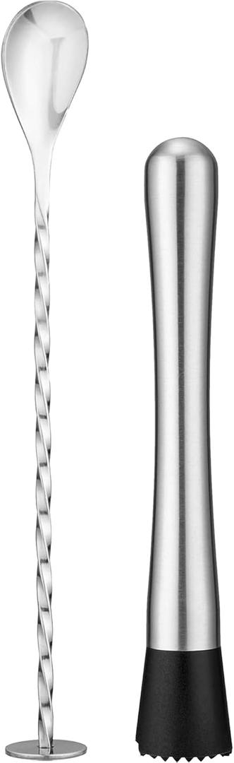 Stainless Steel Cocktail Muddler & Mixing Spoon Set  10 Inch Bar Tool Kit for Home Bartenders, Ideal for Mojitos, Margaritas, Mint & Fruit Cocktails, Silver