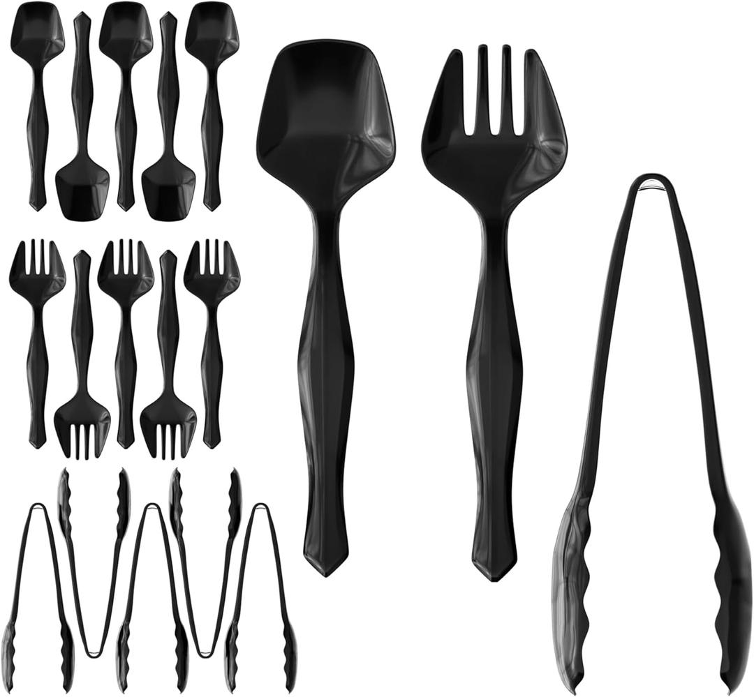 18 Pcs Black Plastic Serving Utensils Set - 6 Black Plastic Serving Spoons, 6 Black Tongs And 6 Forks - Heavy Duty Black Disposable Serving Utensils Set For Parties
