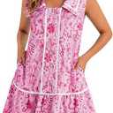 Wenrine Womens Mini Shirt Dress Casual Floral Sleeveless Collared Button Down Summer Dresses Pink, Small