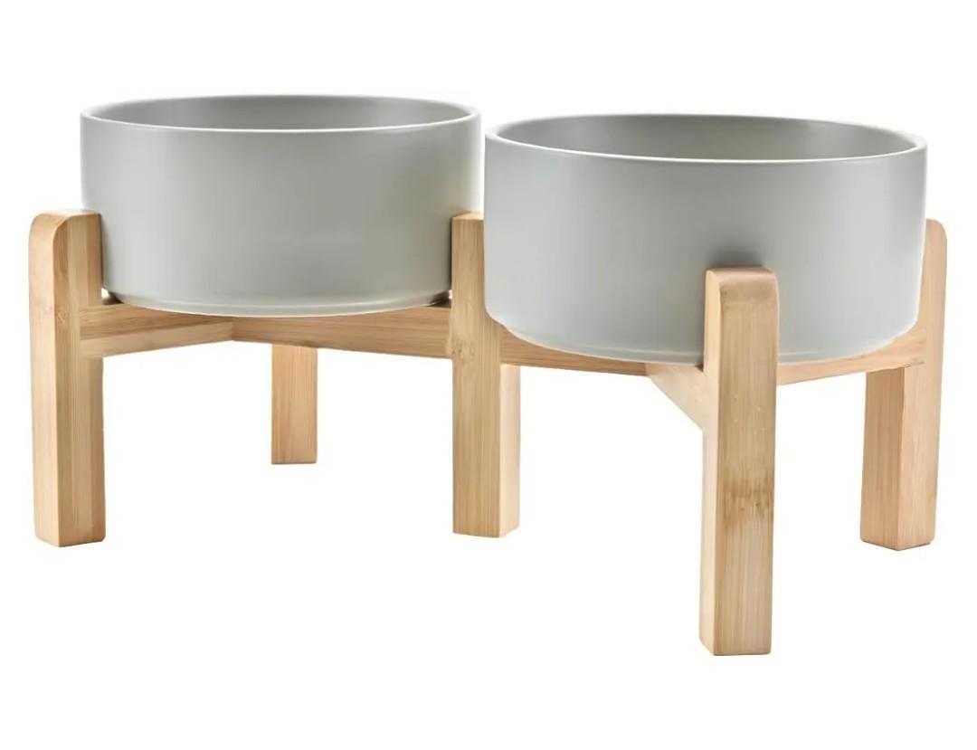 SPUNKYJUNKY Elevated Dog Bowls Ceramic, 6.1'' Dogs and Cat Food Water Bowls Raised with Non-Slip Bamboo Stand for Medium Sized Breed Microwave Dishwasher Safe - 28.7 OZ,Grey