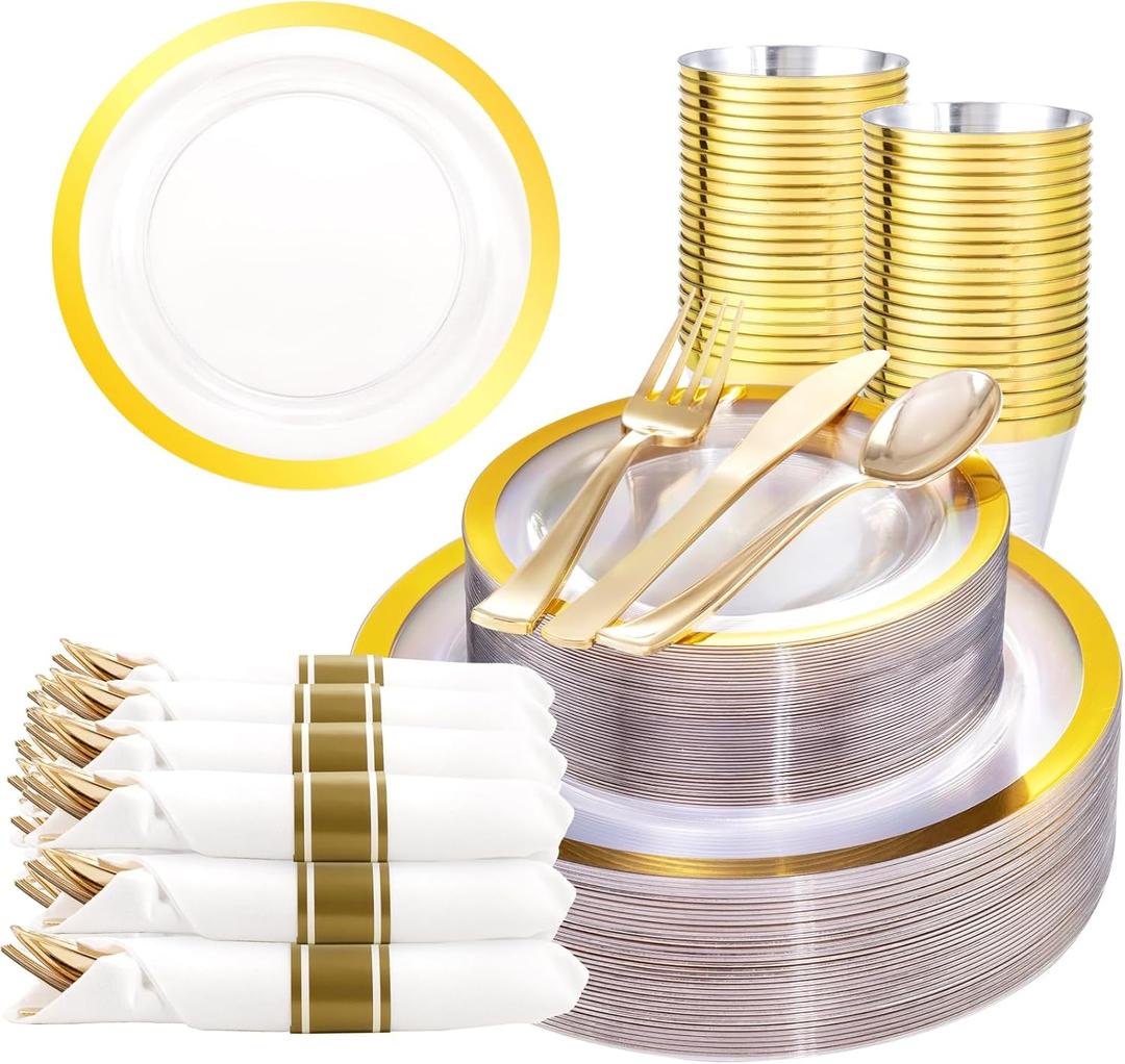 Liacere 350PCS Clear Gold Plastic Plates for 50 Guests Dinnerware Include 100 disposable Plates 150 Gold Silverware 50Napkins for Party & Wedding & New Year & Christmas