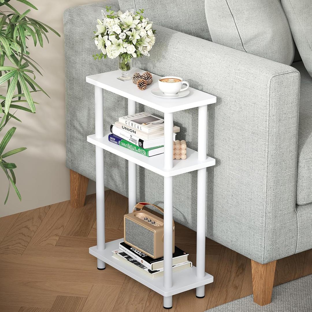 Apicizon Small Narrow Side Table, 3-Tier Skinny End Table with Storage Shelf, Slim Nightstand Bedside Table for Small Spaces, Living Room, Bderoom, White