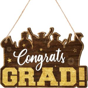 2 x Graduation Decoration Congrats Grad Door Sign Wooden Graduation Hanging Sign Wall Decor 2026 Vintage Rustic Door Hanger Wall Plaque for Photo Booth Props Party, 14.2 x 10 Inch