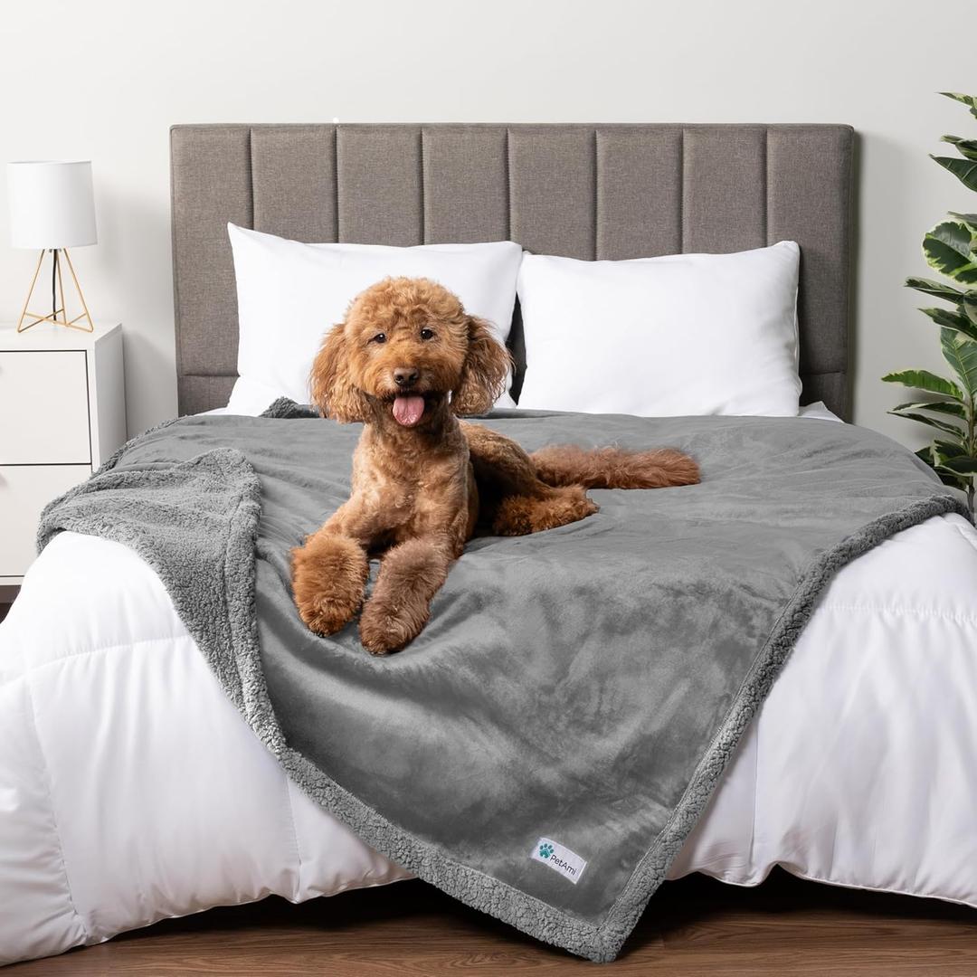 PetAmi Waterproof Dog Blanket for Couch, Queen 90x90, Pee Proof Sherpa Fleece Reversible Pet Throw, Furniture Protector for Bed Sofa, Soft Washable Cover for Large Dogs Cats, Light Grey