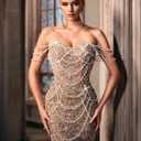 Women's Strapless Champagne Evening Gown Beaded Bodycon Maxi Dress for Prom Party Cocktail Wedding (Brown, XS)